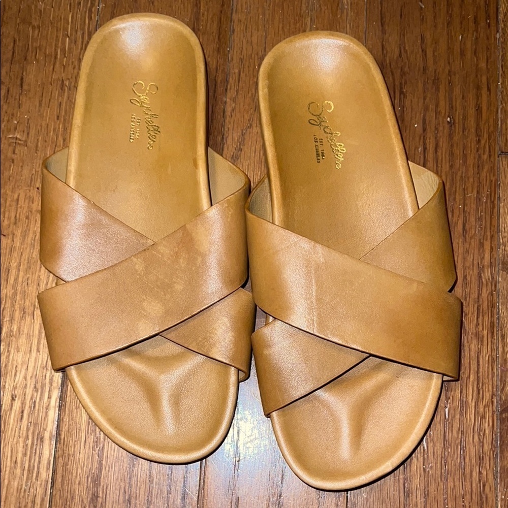Seychelles Tan Leather Lighthearted Slide Sandals with Criss-Cross Straps